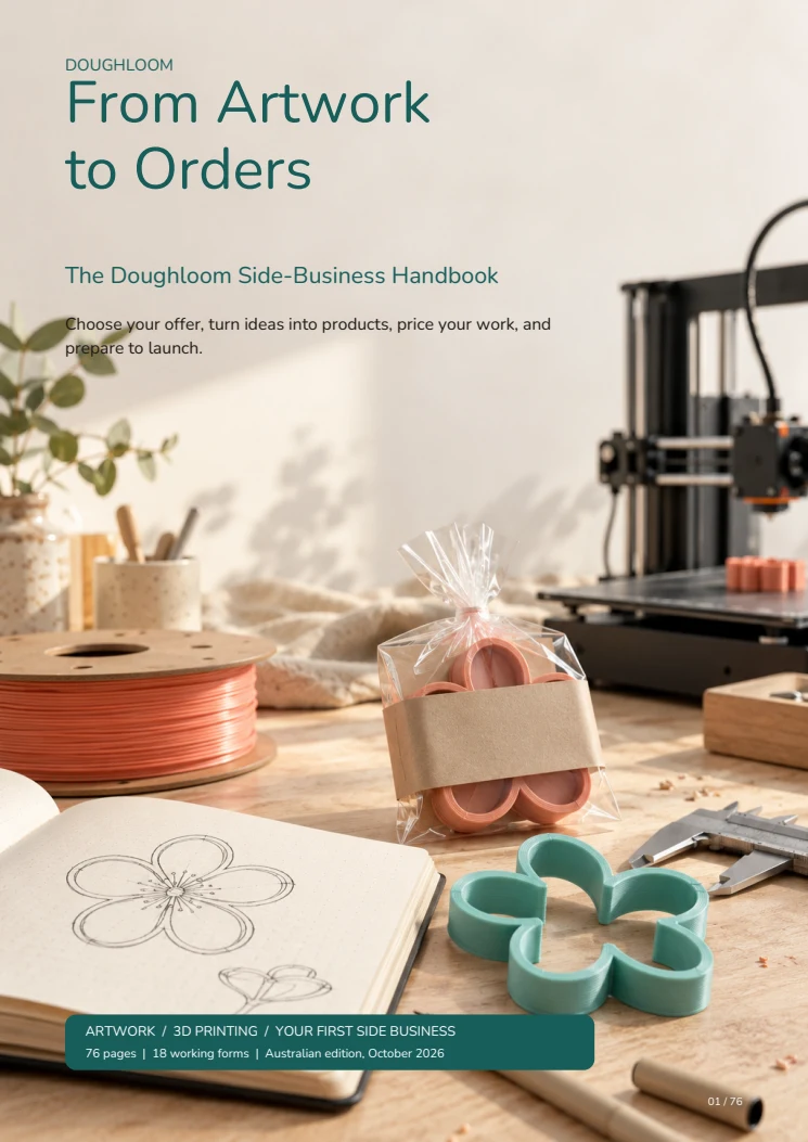 Cover of From Artwork to Orders: The Doughloom Side-Business Handbook, featuring a maker’s workbench, printer and original flower cutters