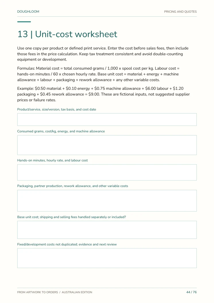 A real page from the handbook: a fillable unit-cost worksheet with fields for materials, labour, packaging and development costs