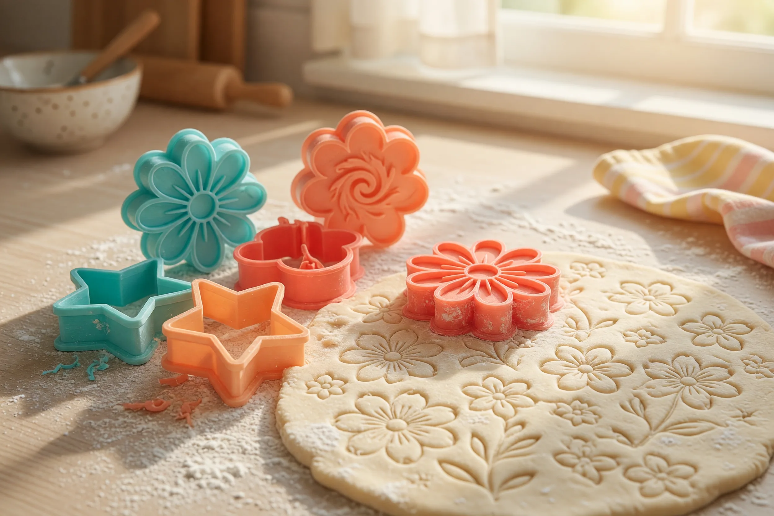 Teal and coral 3D-printed cookie cutters on flour-dusted dough with embossed floral patterns in a sunlit kitchen
